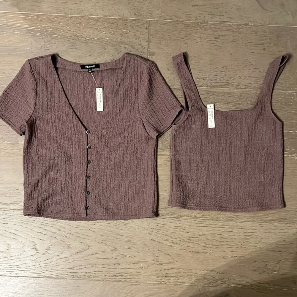 Madewell Pop corn top and Matching cap sleeve popcorn cardigan Color Fig.
